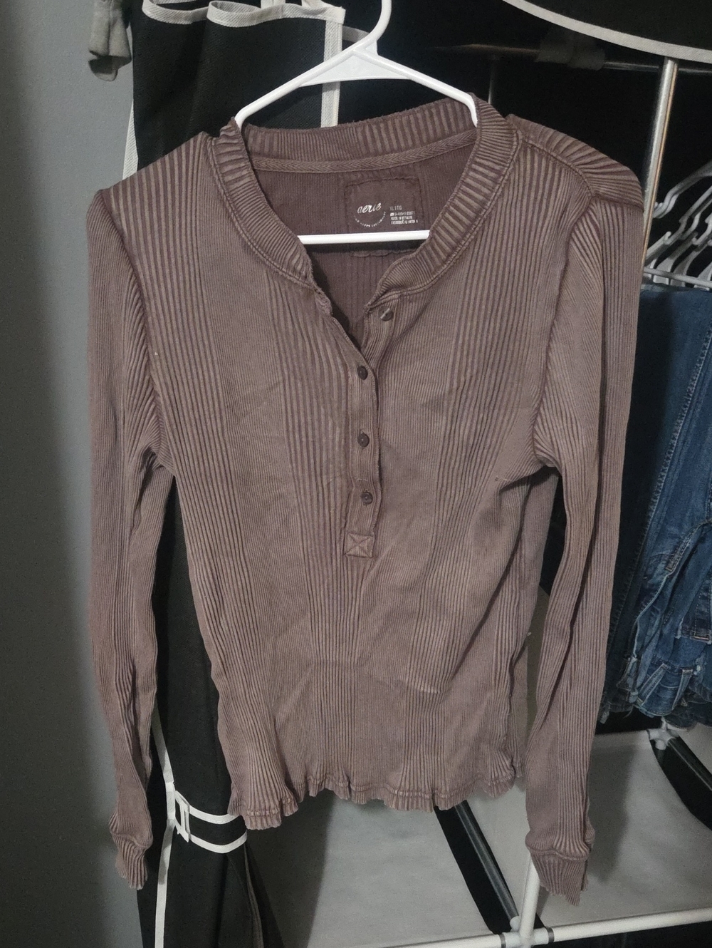 aerie Ribbed Henley Long Sleeve Top - Brown
